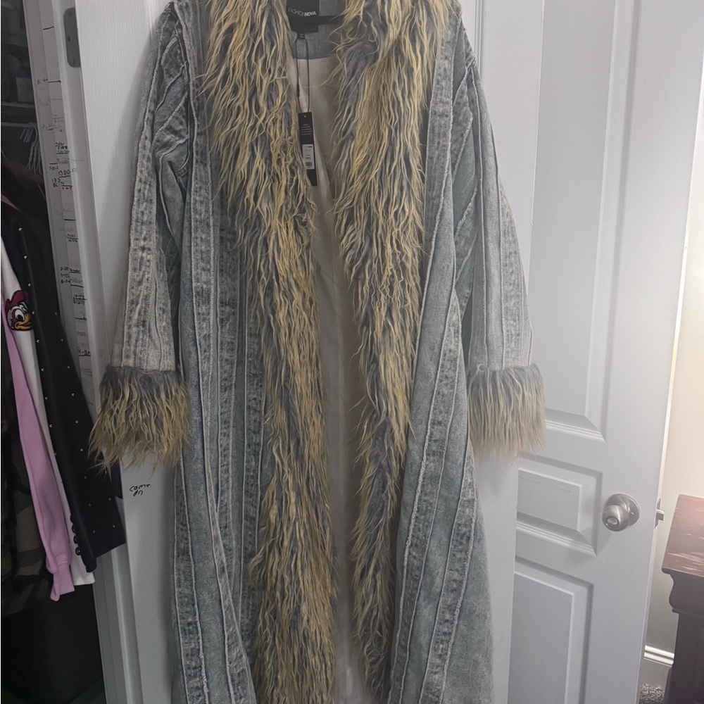 Fashion Nova Gray and Tan Faux Fur trench.